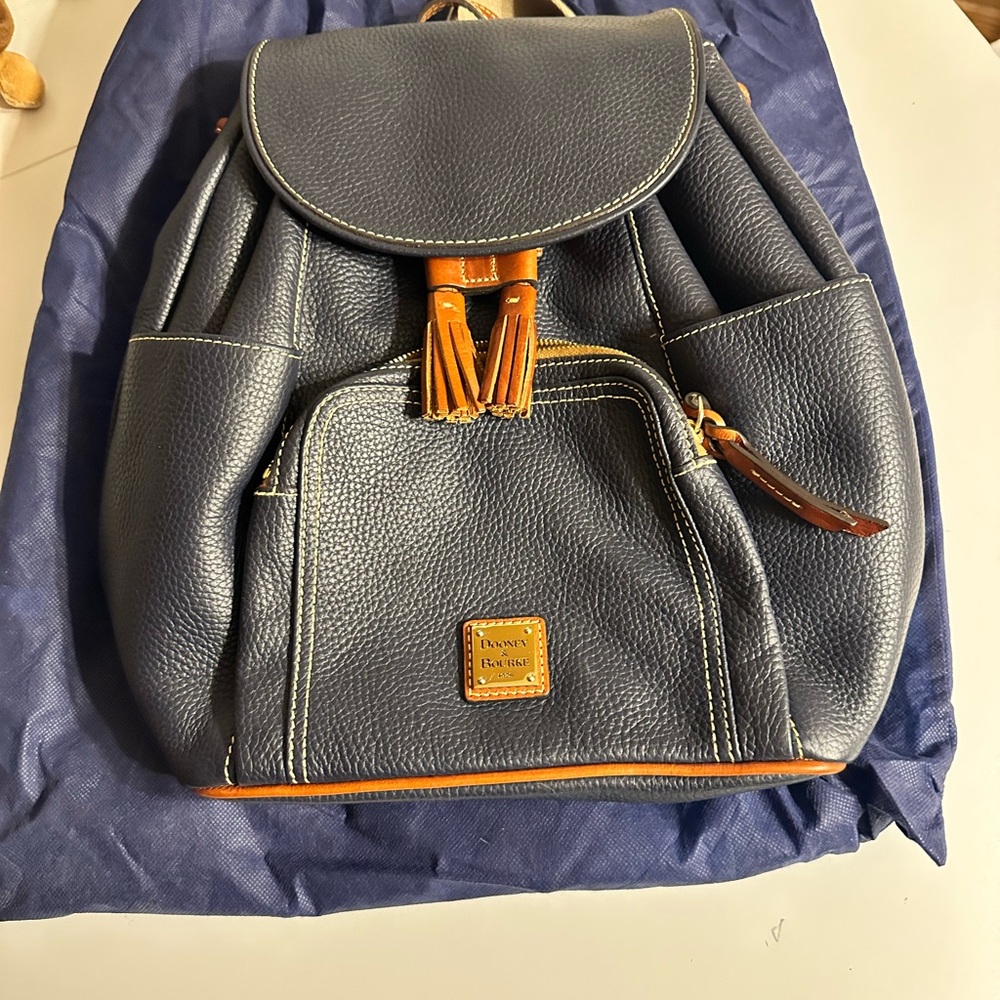 Dooney & Bourke Blue Leather Backpack with Tan Trim